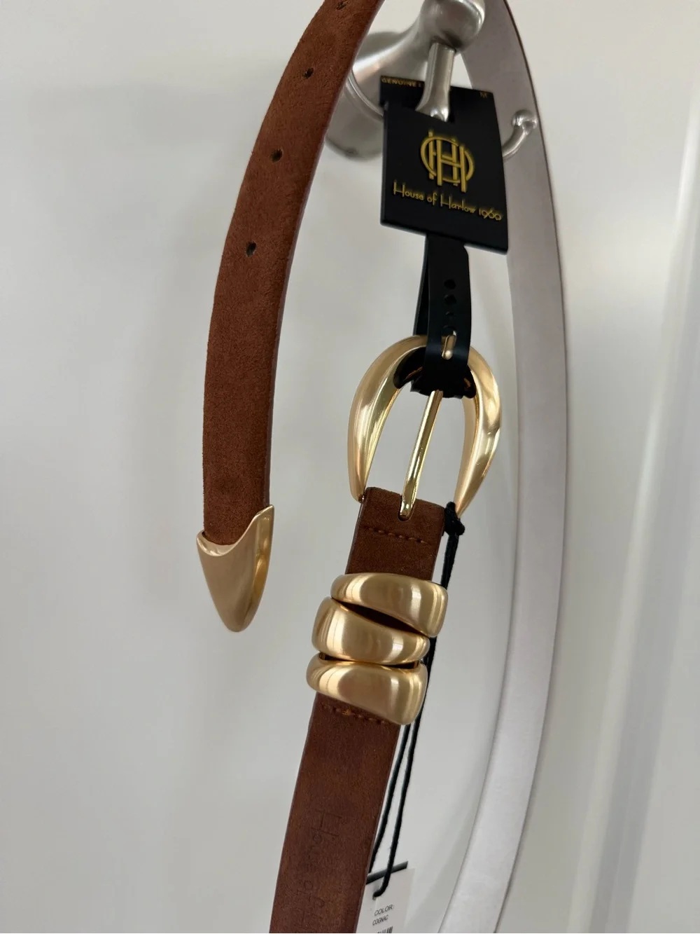 House of Harlow 1960 Brown COGNAC Suede Belt with Gold Hardware NWT